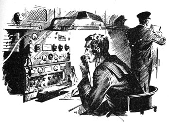 Drawing of sailor speaking into microphone with transceiver in front of him.