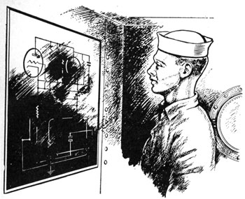 Drawing of sailor looking at a schematic.