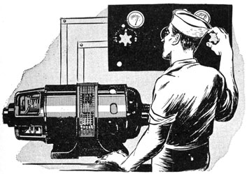 Drawing of sailor adjusting a control while watching a meter.