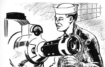 Drawing of sailor looking at a tach on a motor.