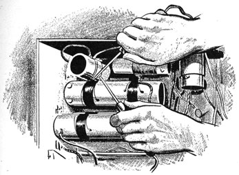 Drawing of hands soldering a wire in a radio.
