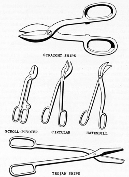 FIG. 10. SHEARS AND SNIPS. Straight, scroll-pivoter, circular, hawksbill and trojan snips.