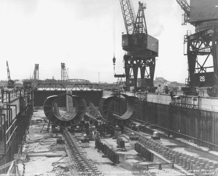 Pampanito and Picuda have their first sections lowered into position in the construction basin at Portsmouth Naval Shipyard March 15, 1943.