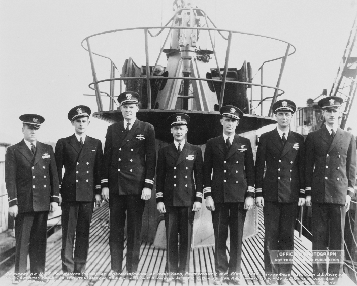 Pampanito's officers at commissioning at the Portsmouth Naval Shipyard, November 6, 1943. From left to right they are; Machinist James Heist, Lt.C. Grommet, Lt. W. McClaskey, Jr., LtCdr. C. Jackson, Jr., LtCdr P. Summers, Lt. L. Davis and Lt. F. Fives.