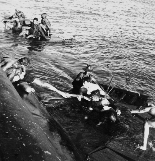 Photograph taken September 15, 1944 as the survivors of the Rakuyo Maru are rescued and taken aboard Pampanito. Photo by Paul Pappas
