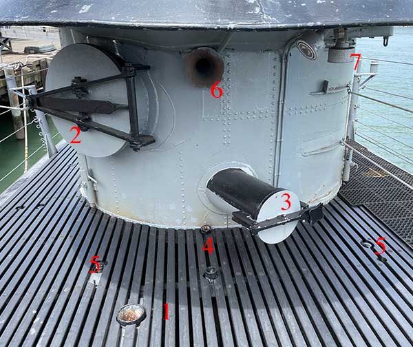 photo of main deck and front of conning tower with numbers identifying features.