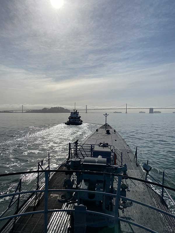 Pampanito under tow seen from the conning tower forward gun mount