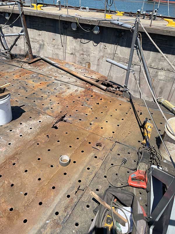 damage on port deck of gun sponson