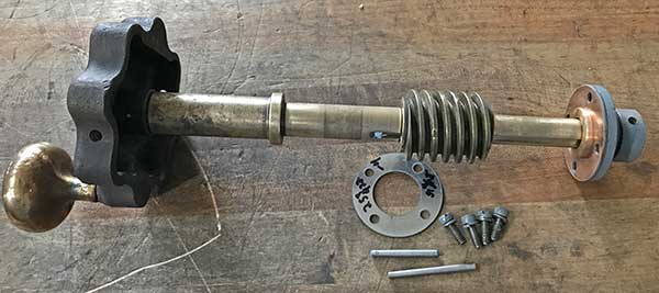 elevation handwheel, shaft, wormgear assembled on the bench