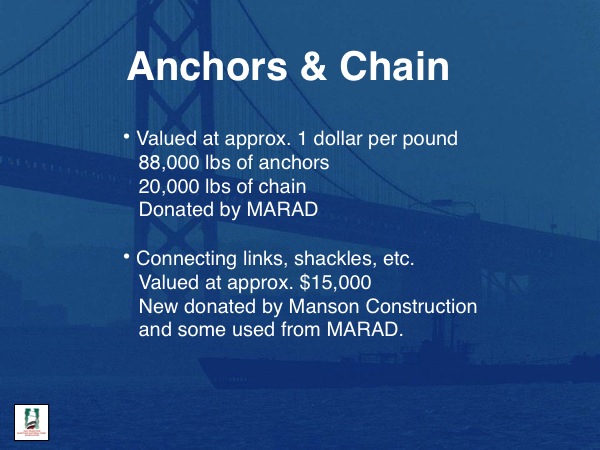 
Anchors and Chain
Valued at approx. 1 dollar per pound
   88,000 lbs of anchors
   20,000 lbs of chain
   Donated by MARAD
 Connecting links, shackles, etc.
   Valued at approx. $15,000
   New donated by Manson Construction
   and some used from MARAD.